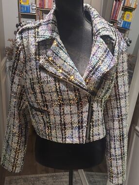 Walter Baker Multicolor Sequin Tweed Cropped Moto Jacket